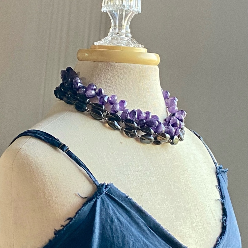 Double Strand Genuine Amethyst Necklace & Smoky Topaz-Style Glass Necklace
